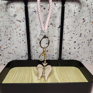 Pink Braided Keychain with Gold Angel Wing Charm